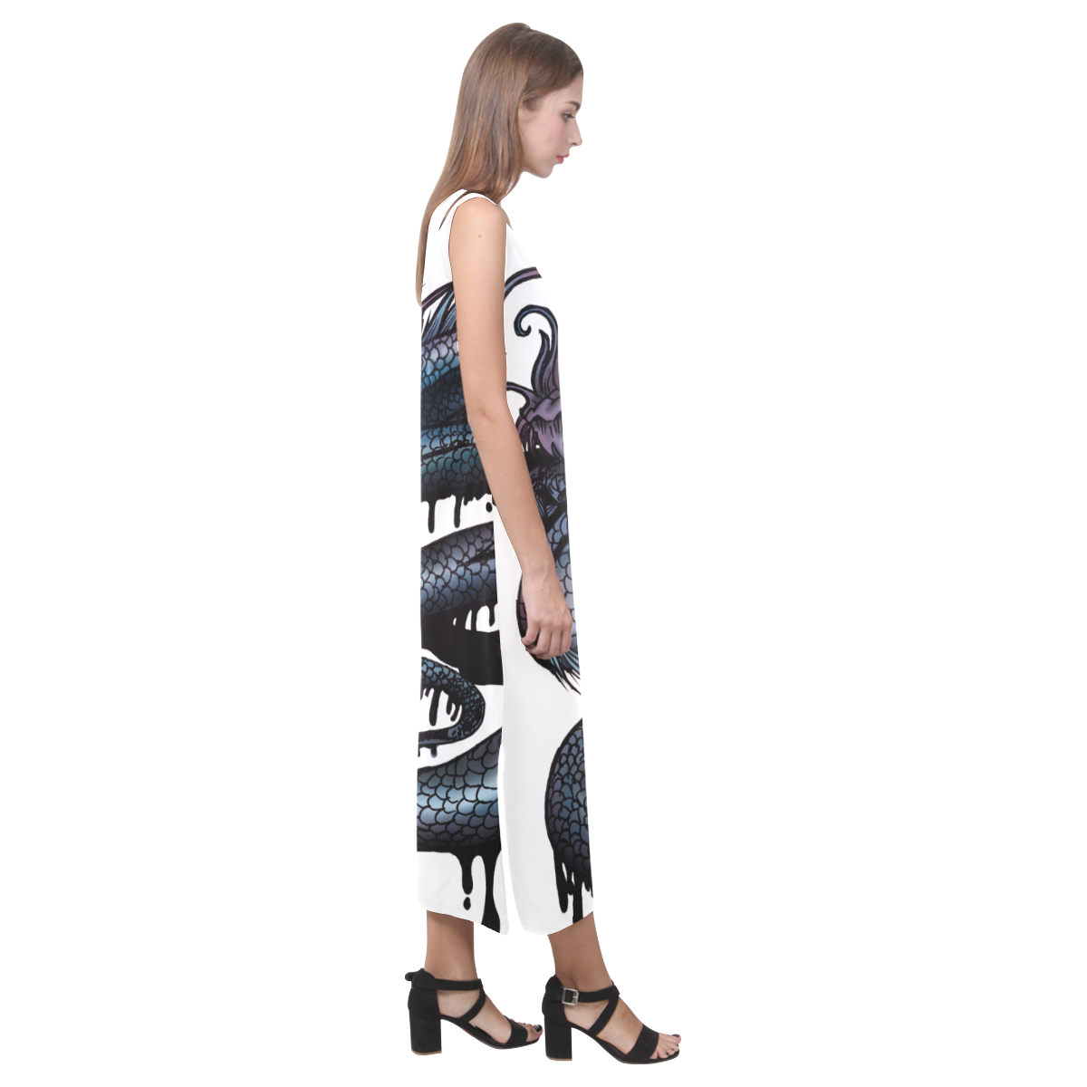 Dragon Swirl Phaedra Sleeveless Open Fork Long Dress (Model D08)