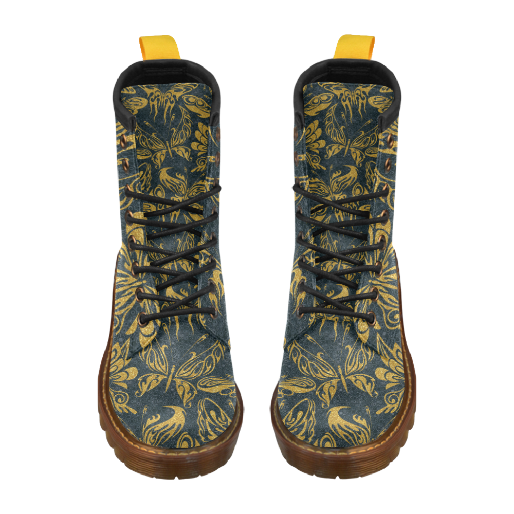 Gold Glitter Tribal Tattoo Butterflies Pattern High Grade PU Leather Martin Boots For Men Model 402H