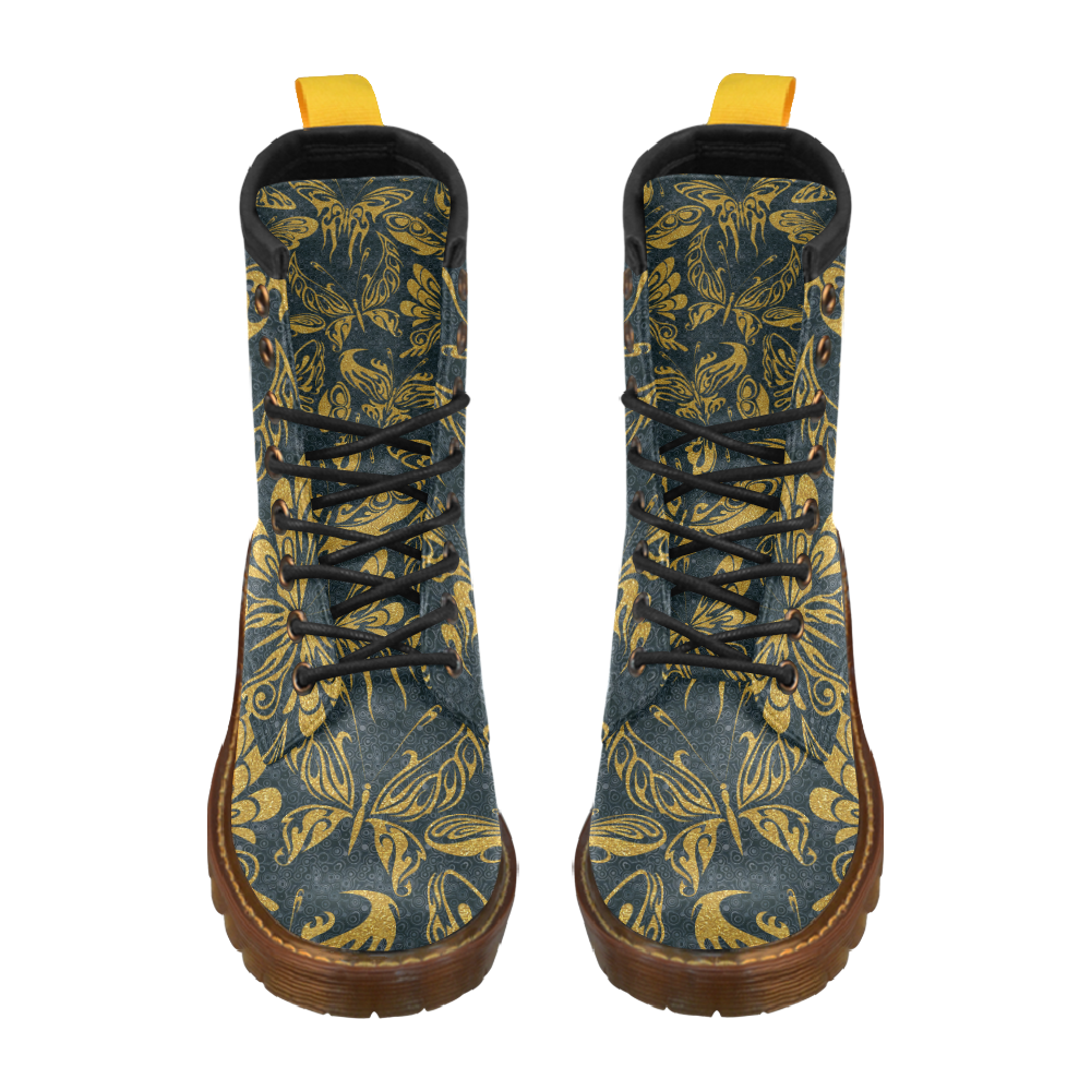 Gold Glitter Tribal Tattoo Butterflies Pattern High Grade PU Leather Martin Boots For Women Model 402H
