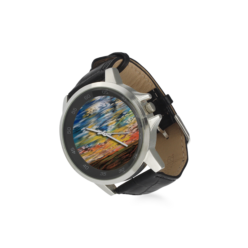 Sundown Unisex Stainless Steel Leather Strap Watch(Model 202)