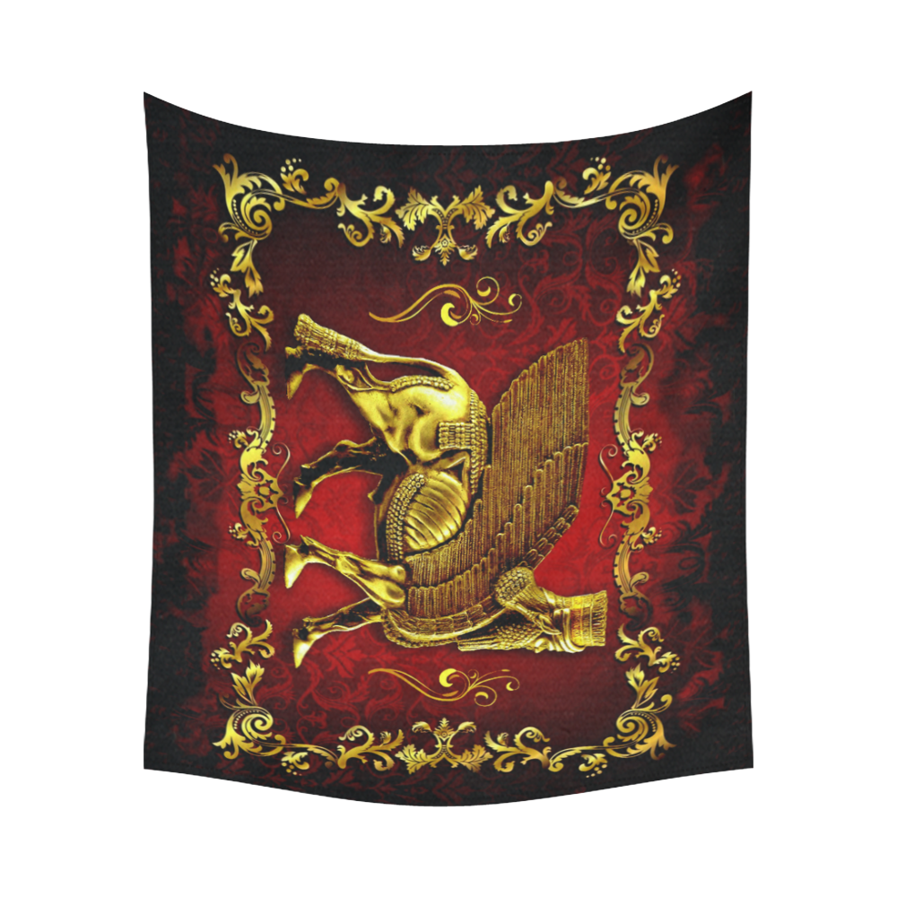 Red and Gold Lamassu Wall Tapestry Cotton Linen Wall Tapestry 60"x 51"