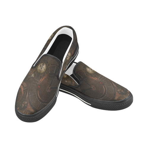 Vintage gothic brown steampunk clocks and gears Women's Slip-on Canvas Shoes/Large Size (Model 019)