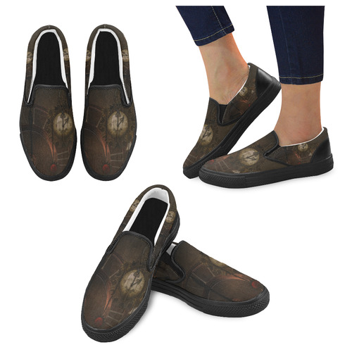 Vintage gothic brown steampunk clocks and gears Women's Unusual Slip-on Canvas Shoes (Model 019)