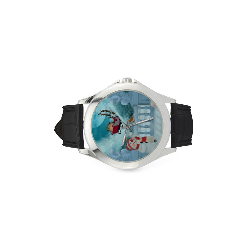 Funny snowman with Santa Claus Women's Classic Leather Strap Watch(Model 203)