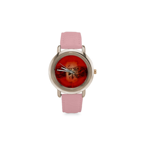 Creepy skulls on red background Women's Rose Gold Leather Strap Watch(Model 201)