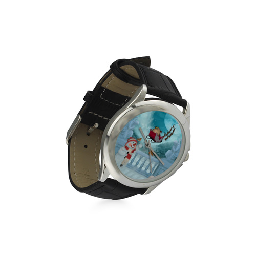 Funny snowman with Santa Claus Women's Classic Leather Strap Watch(Model 203)