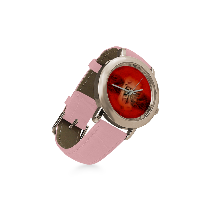 Creepy skulls on red background Women's Rose Gold Leather Strap Watch(Model 201)