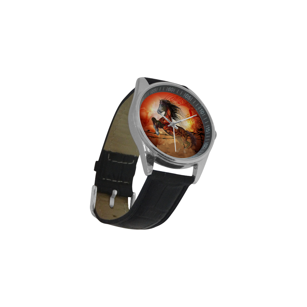 Awesome creepy horse with skulls Men's Casual Leather Strap Watch(Model 211)