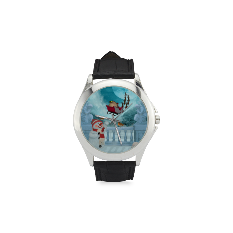 Funny snowman with Santa Claus Women's Classic Leather Strap Watch(Model 203)