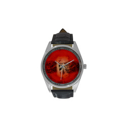 Creepy skulls on red background Men's Casual Leather Strap Watch(Model 211)