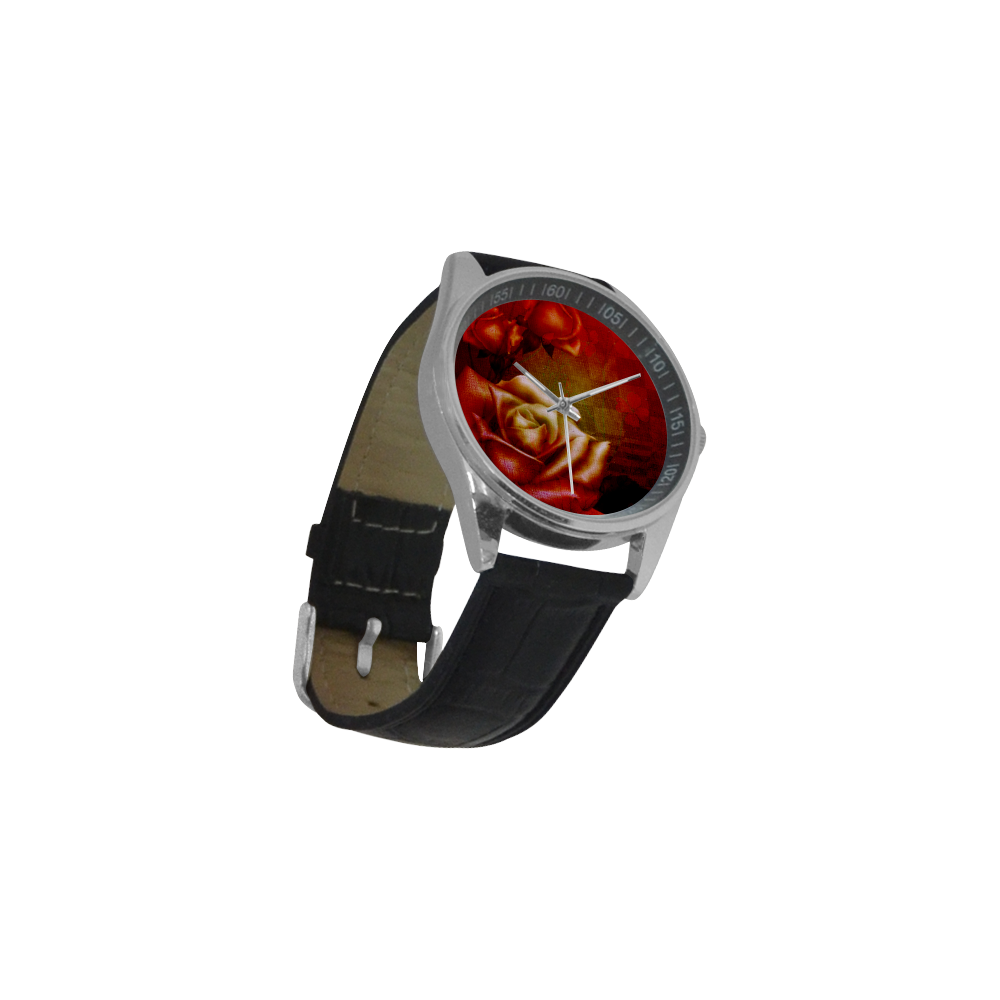 Wonderful red roses Men's Casual Leather Strap Watch(Model 211)
