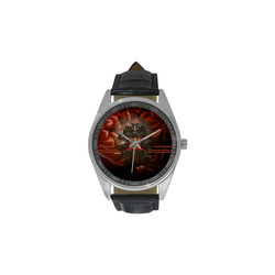 Red floral design Men's Casual Leather Strap Watch(Model 211)