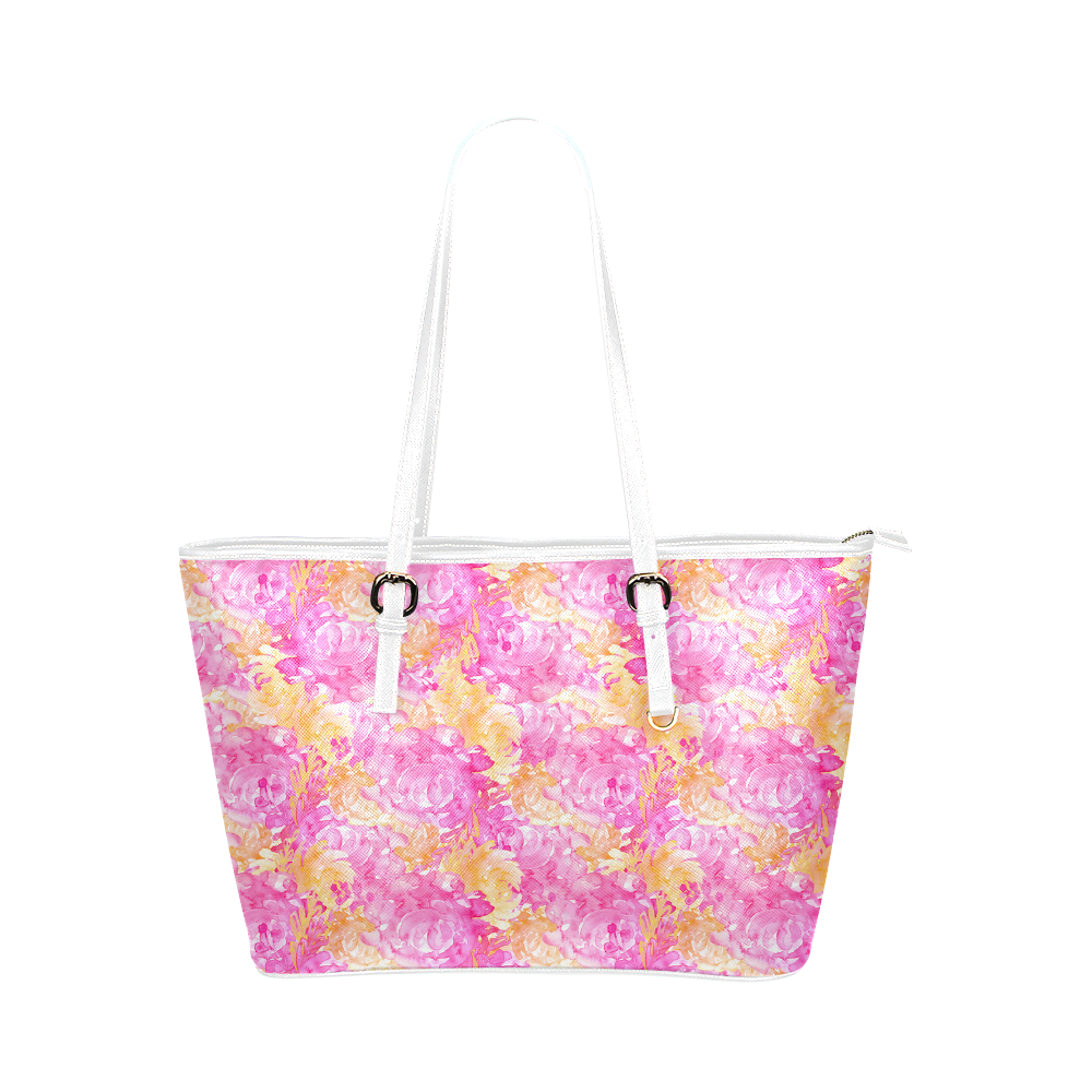 floral watercolor reversible bag Leather Tote Bag/Large (Model 1651)