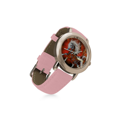 Awesome steampunk horse with wings Women's Rose Gold Leather Strap Watch(Model 201)