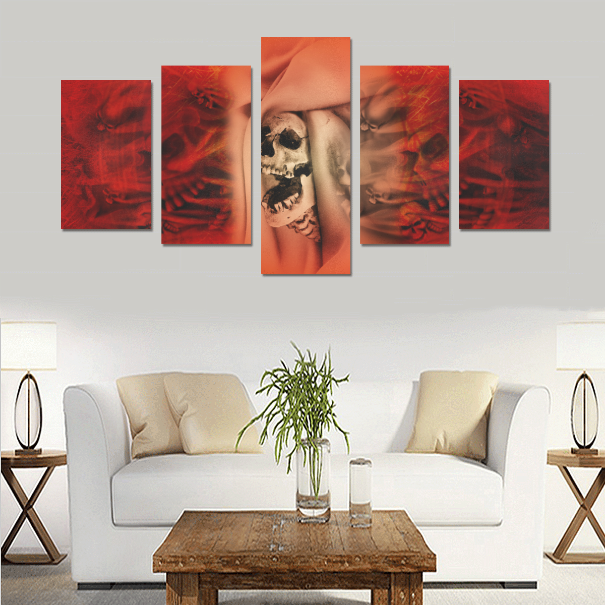 Creepy skulls on red background Canvas Print Sets C (No Frame)