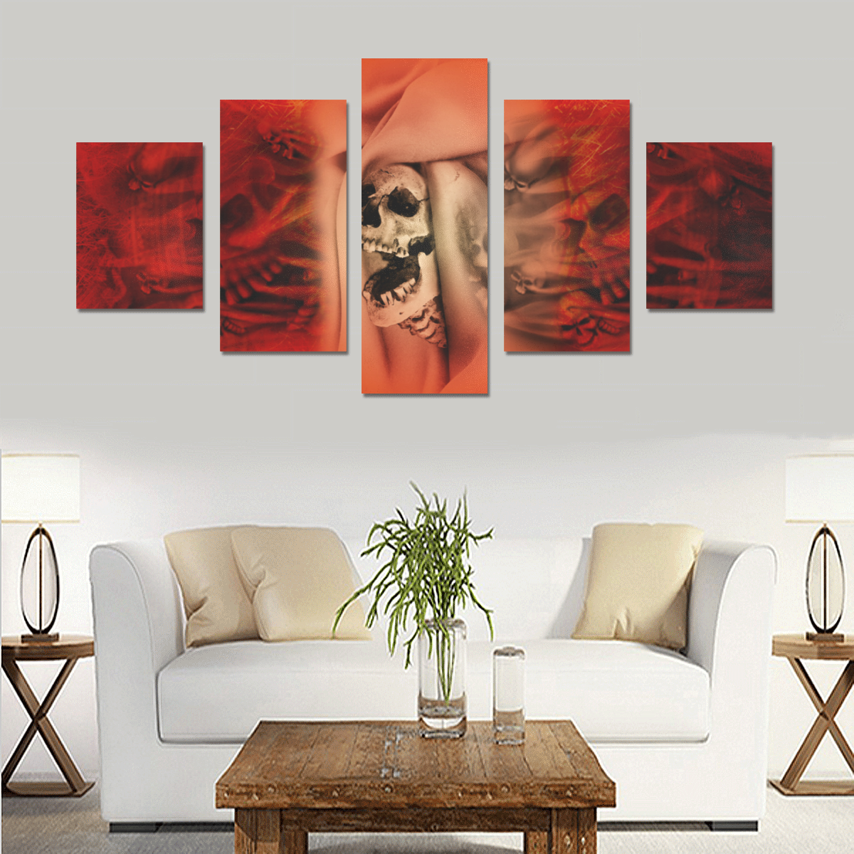 Creepy skulls on red background Canvas Print Sets B (No Frame)