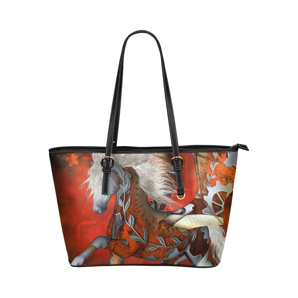 Awesome steampunk horse with wings Leather Tote Bag/Large (Model 1651)