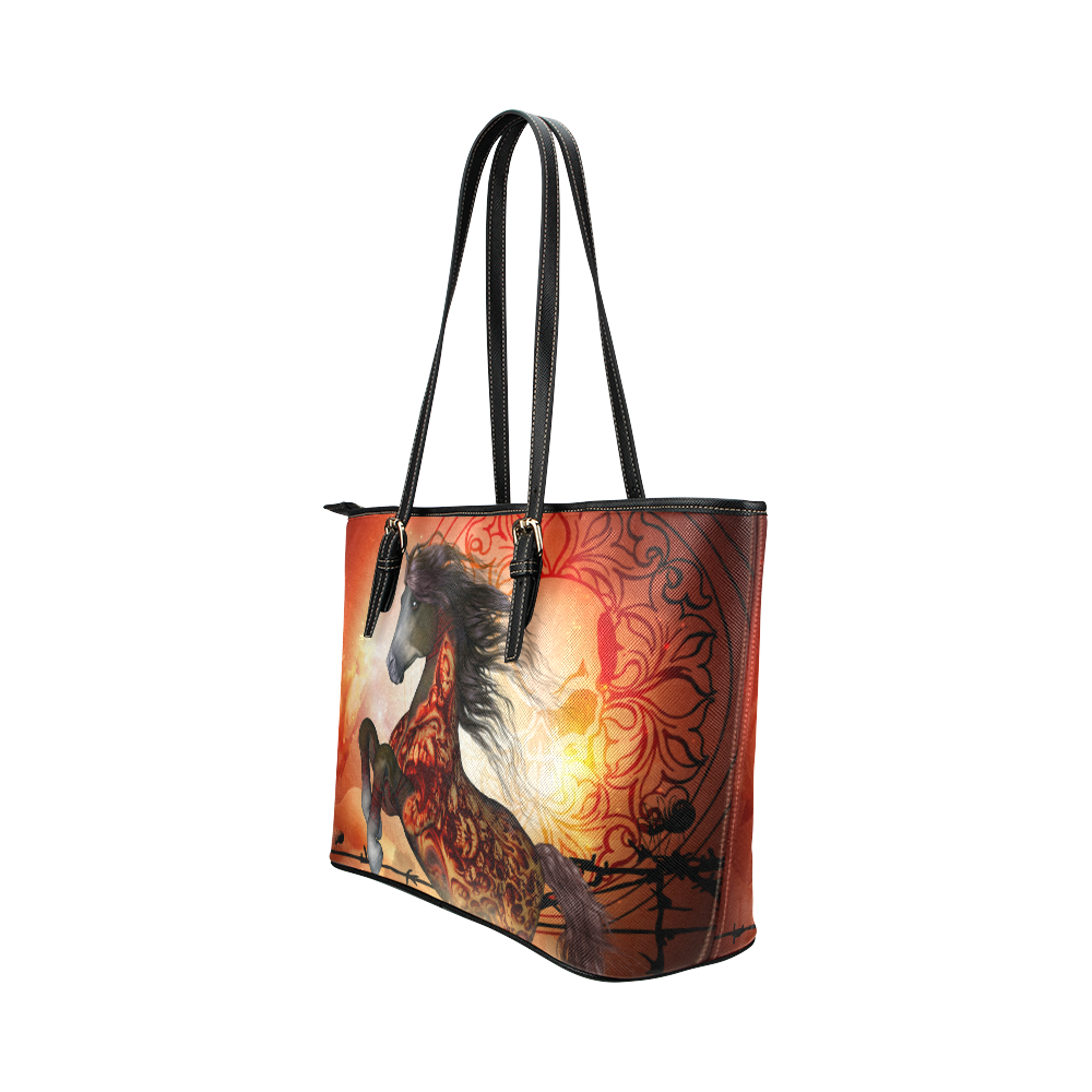 Awesome creepy horse with skulls Leather Tote Bag/Large (Model 1651)