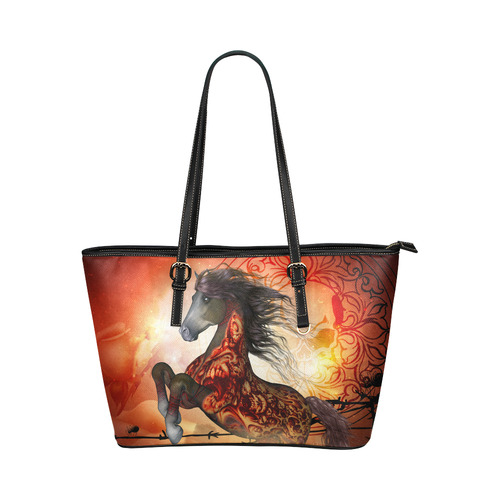 Awesome creepy horse with skulls Leather Tote Bag/Large (Model 1651)