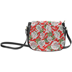 Tropical red and green palm leaves leather bag Classic Saddle Bag/Small (Model 1648)