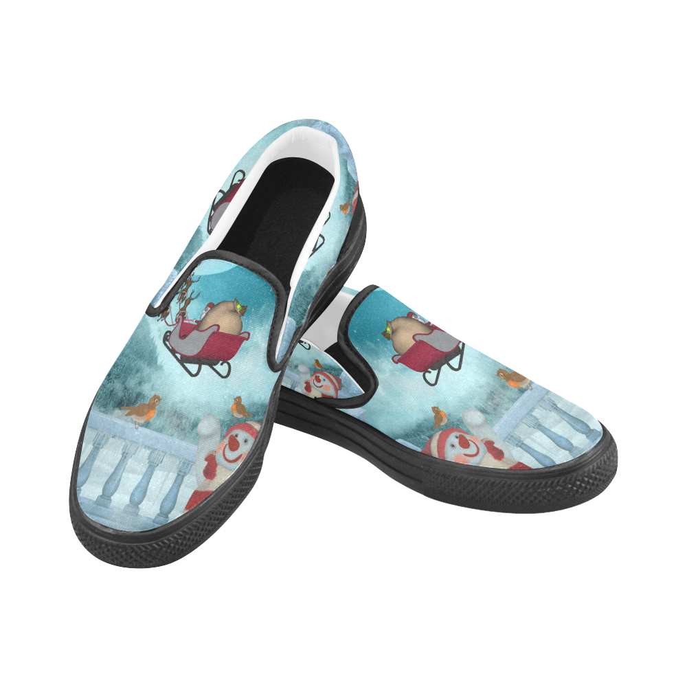 Funny snowman with Santa Claus Women's Unusual Slip-on Canvas Shoes (Model 019)