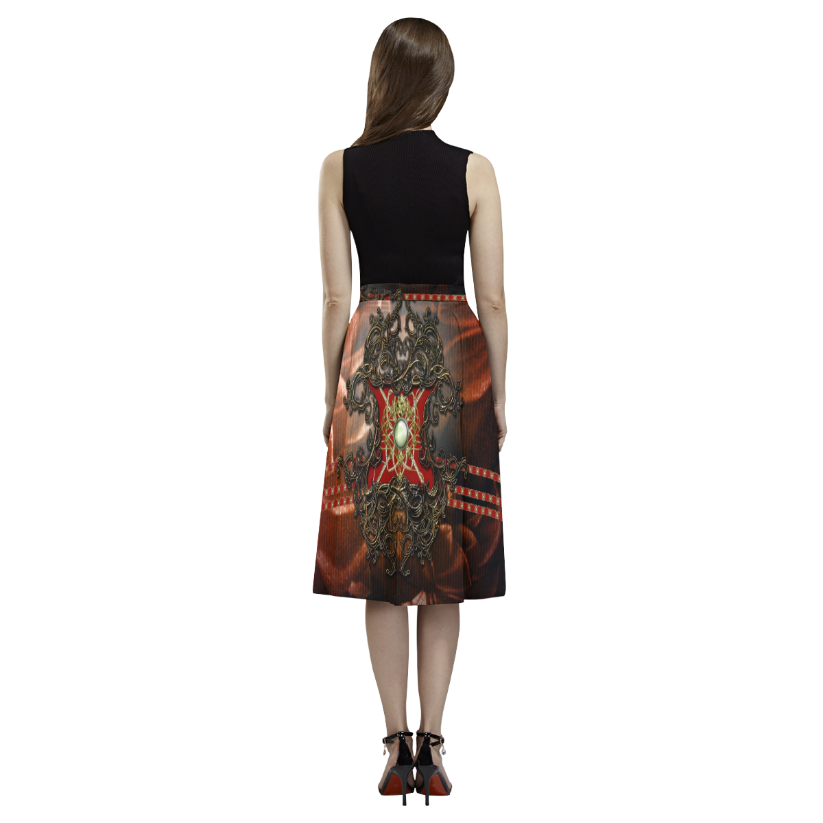 Red floral design Aoede Crepe Skirt (Model D16)