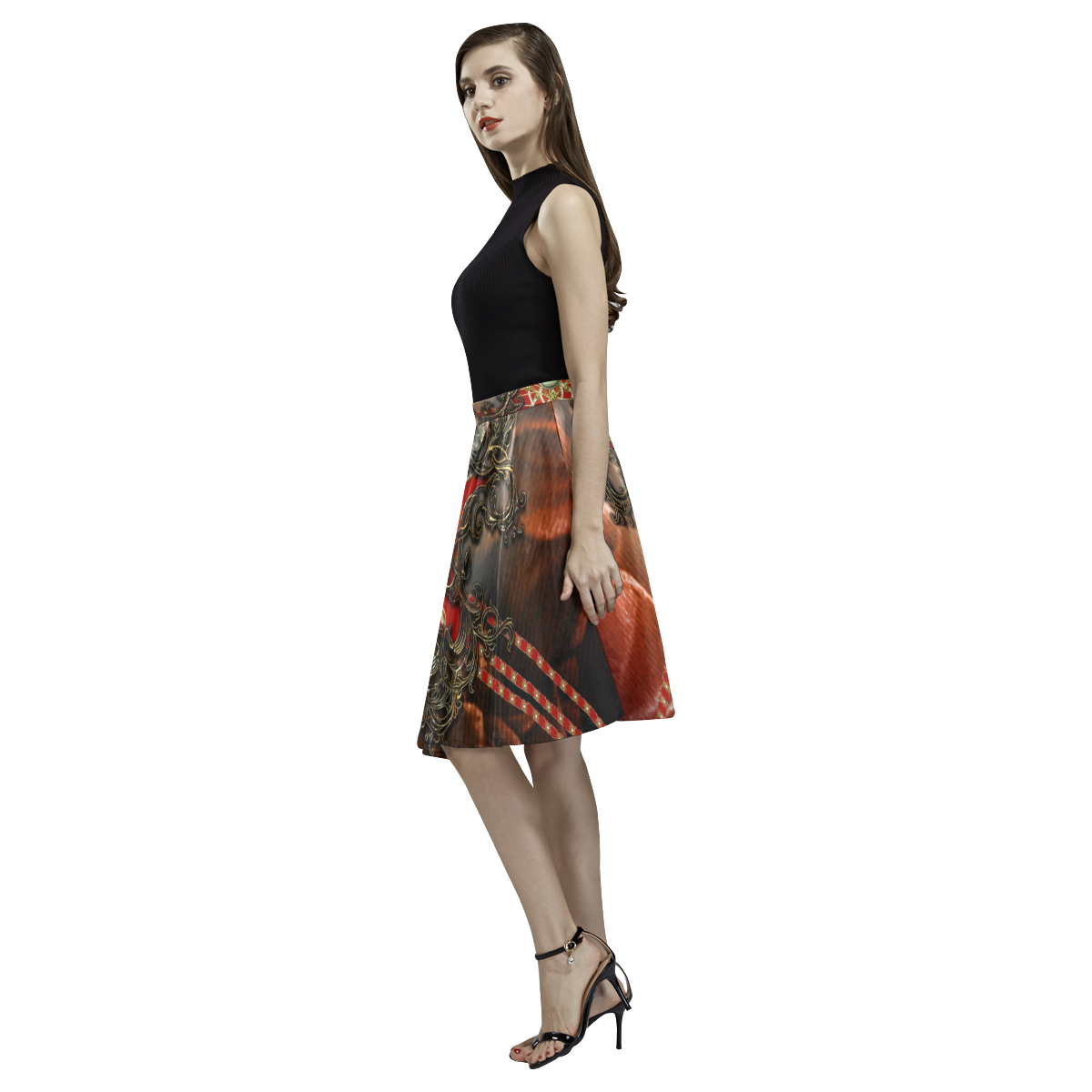 Red floral design Melete Pleated Midi Skirt (Model D15)