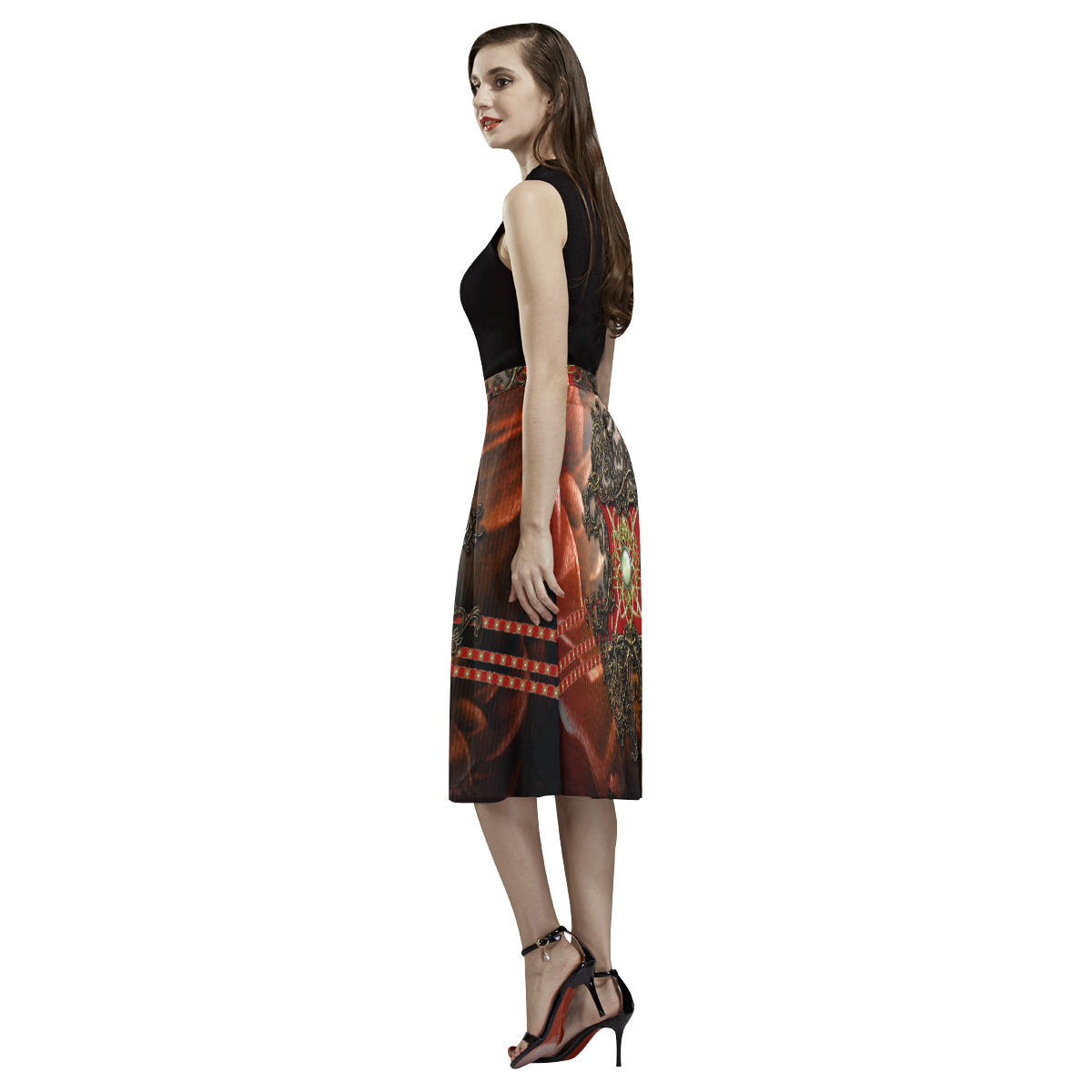 Red floral design Aoede Crepe Skirt (Model D16)