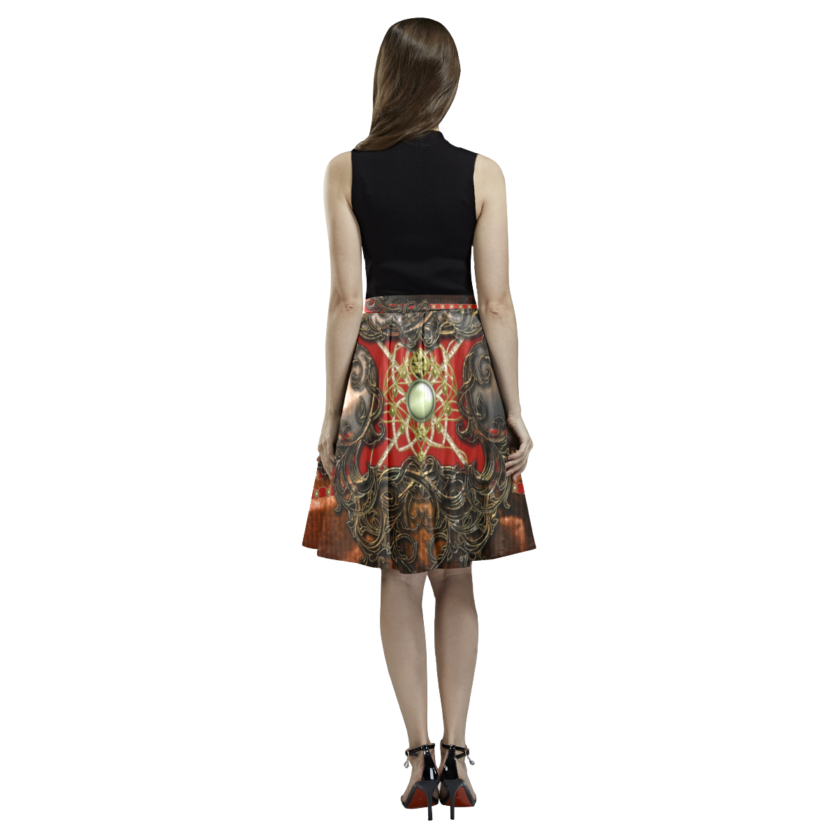 Red floral design Melete Pleated Midi Skirt (Model D15)