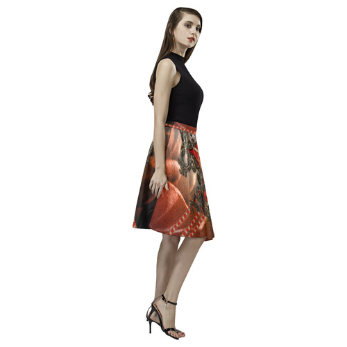 Red floral design Melete Pleated Midi Skirt (Model D15)