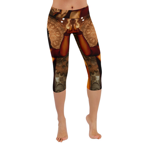 Steampunk lady with mask Women's Low Rise Capri Leggings (Invisible Stitch) (Model L08)