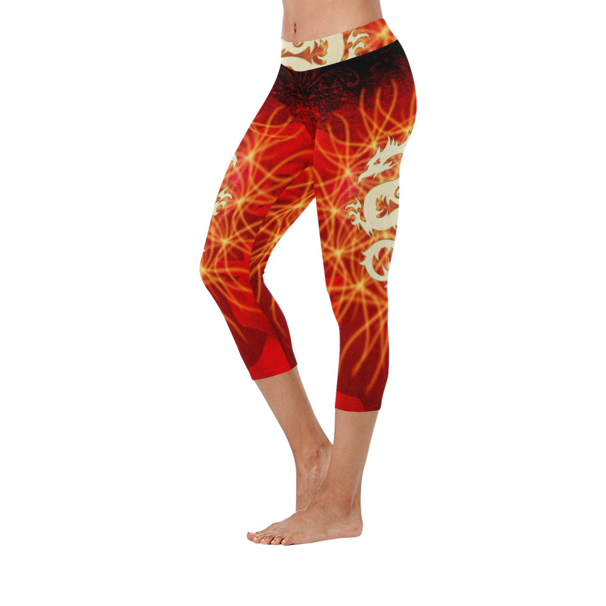 Awesome chinese dragon, gold Women's Low Rise Capri Leggings (Invisible Stitch) (Model L08)