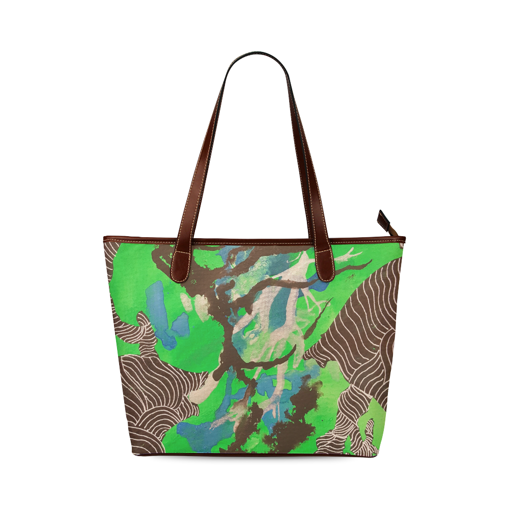 Green, Blue, Black and White Zentangle Shoulder Tote Bag (Model 1646)