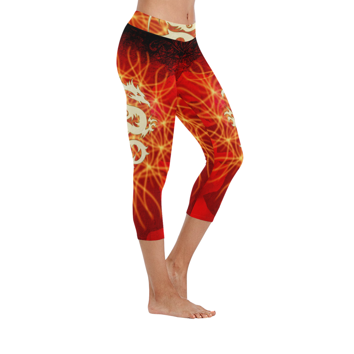 Awesome chinese dragon, gold Women's Low Rise Capri Leggings (Invisible Stitch) (Model L08)