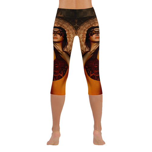 Steampunk lady with mask Women's Low Rise Capri Leggings (Invisible Stitch) (Model L08)