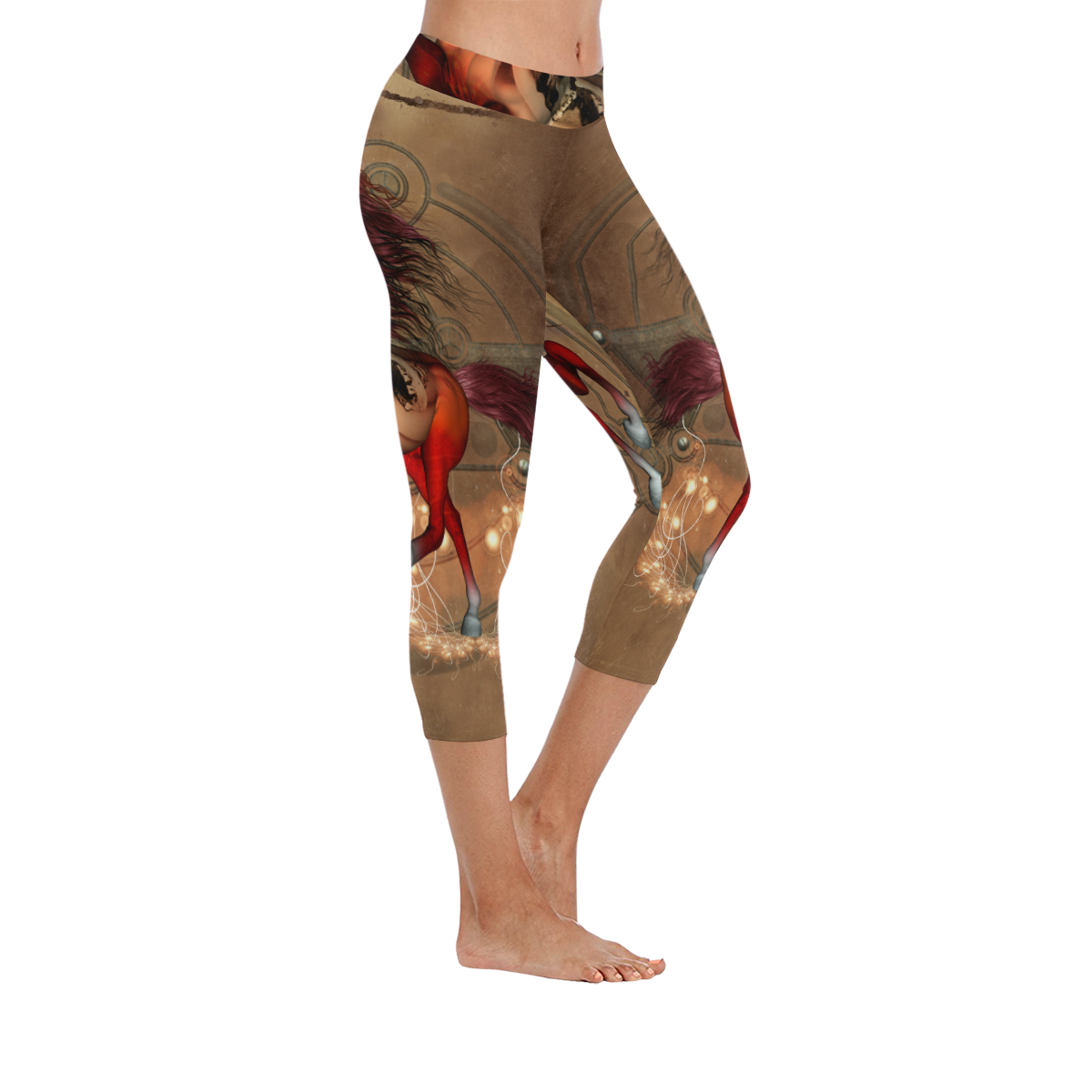 Wonderful horse with skull, red colors Women's Low Rise Capri Leggings (Invisible Stitch) (Model L08)