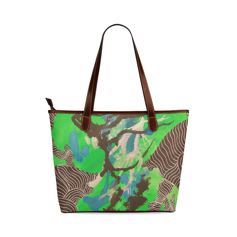 Green, Blue, Black and White Zentangle Shoulder Tote Bag (Model 1646)