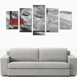Black Grey Whitw Girl Wit Red Rose Canvas Print Sets D (No Frame)