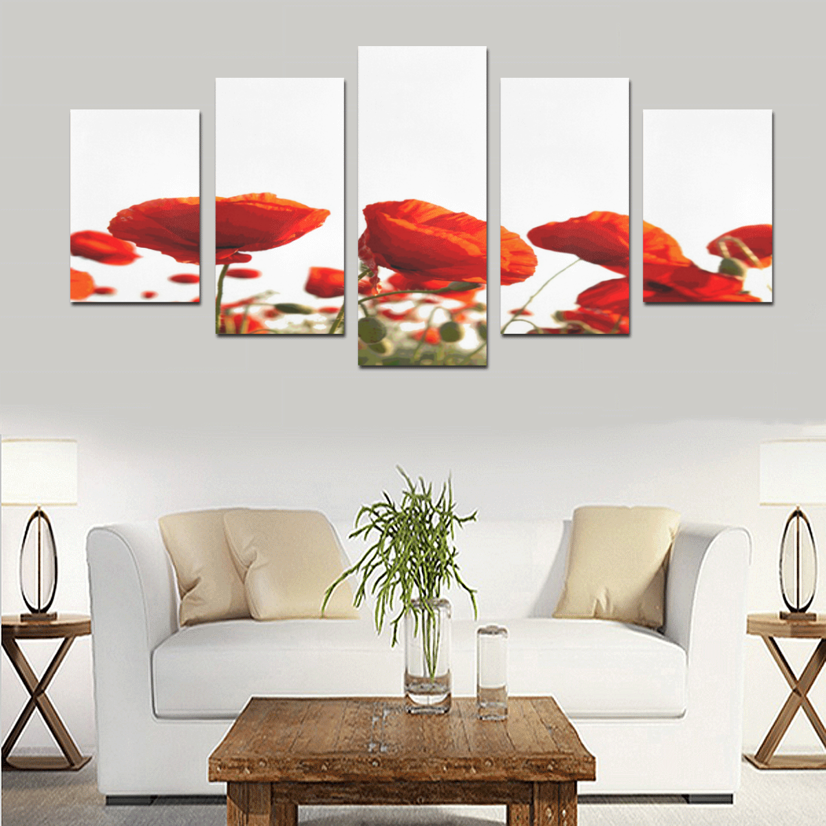 White Red Green Poppy Canvas Print Sets D (No Frame)