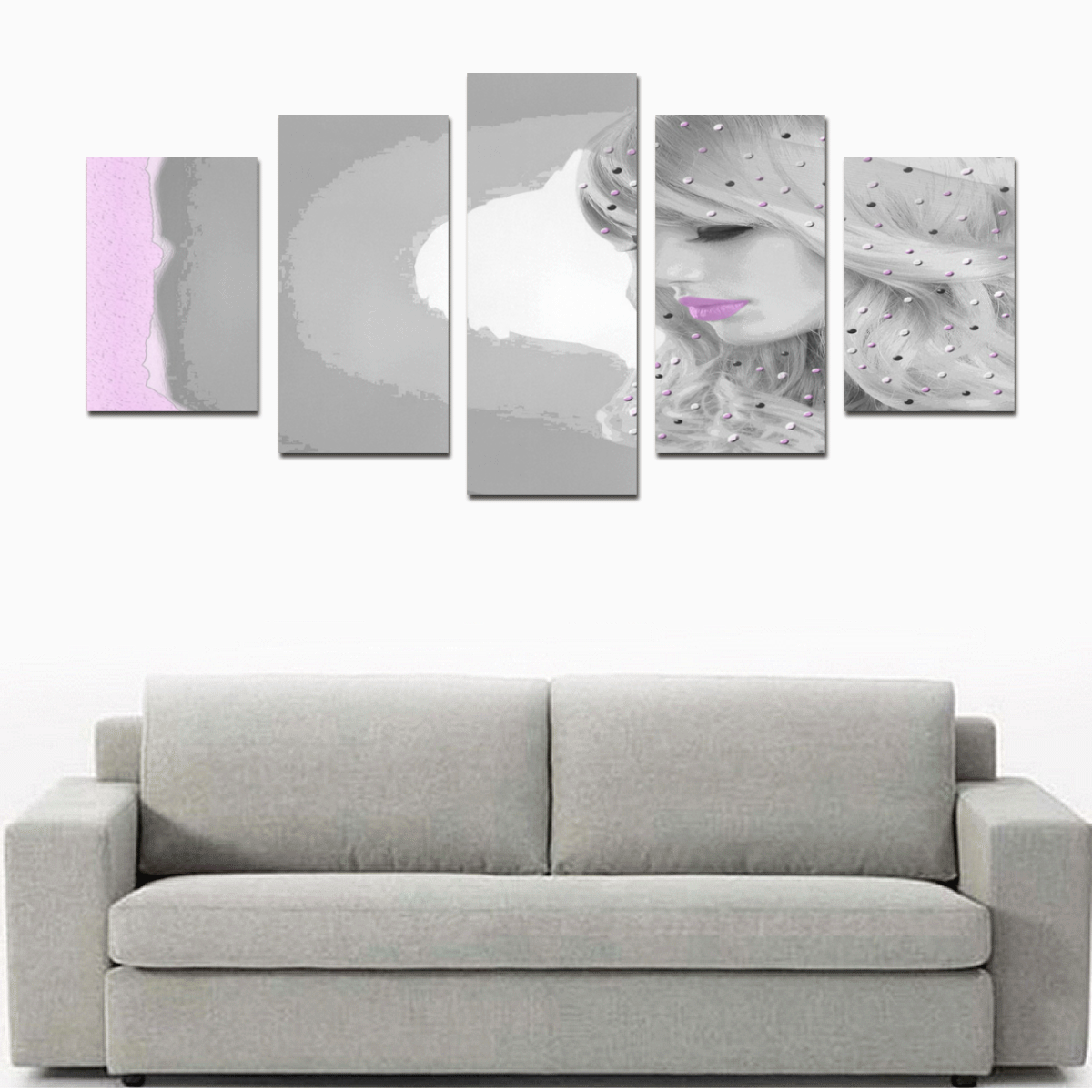 Pink Grey White Beautiful Glamour Girl Canvas Print Sets D (No Frame)