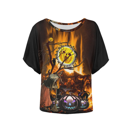 halloween granny on fire Women's Batwing-Sleeved Blouse T shirt (Model T44)