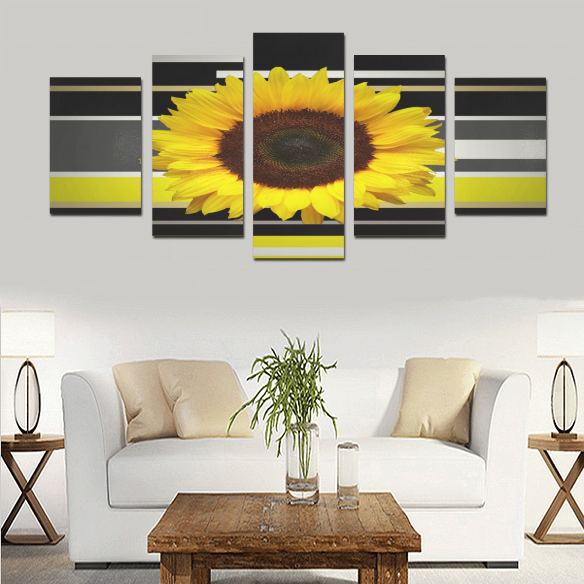 Black Brown Grey Yellow White Sunflower Canvas Print Sets D (No Frame)