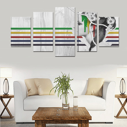 Green Red Yellow Black Green Gray Woman With Daisy Canvas Print Sets D (No Frame)