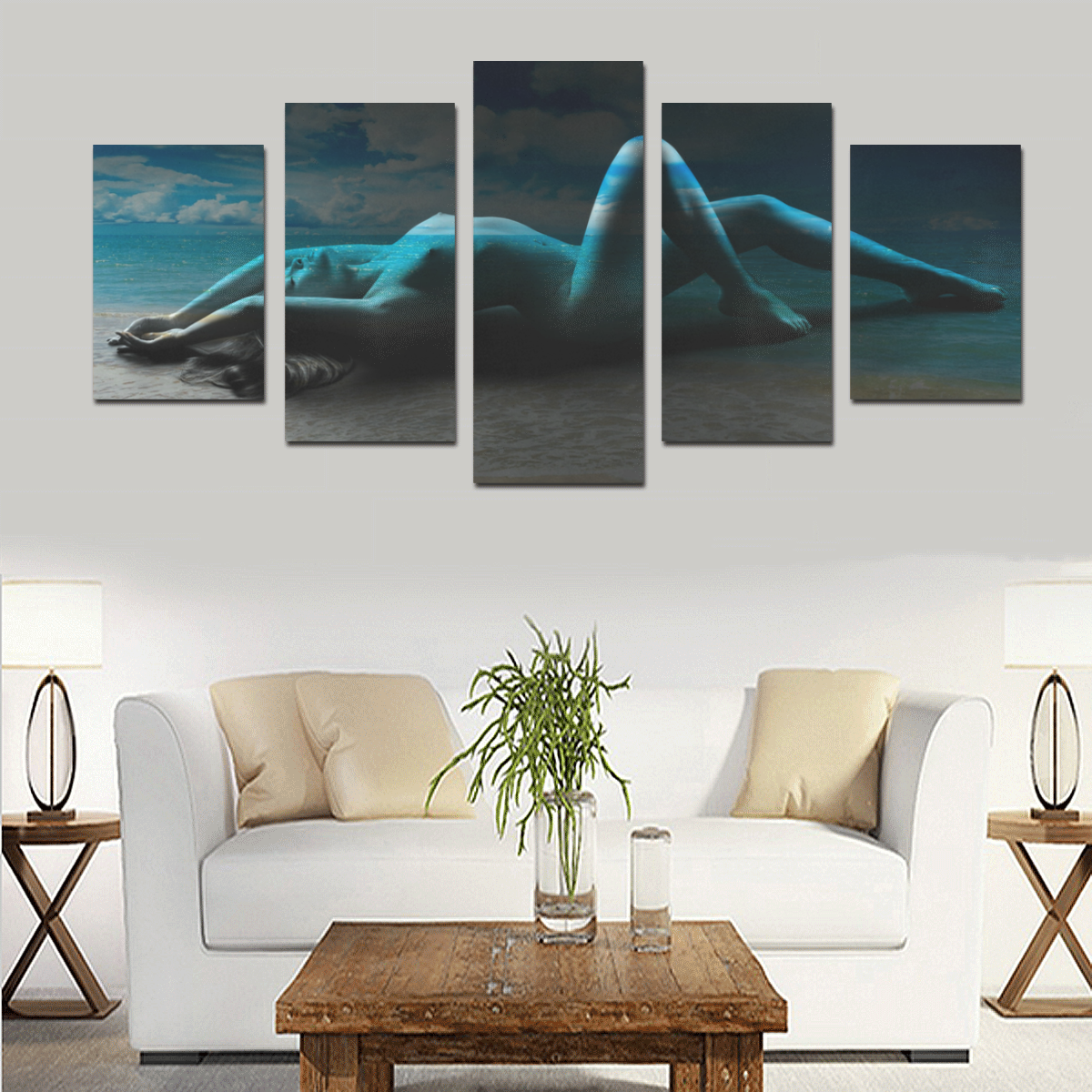 Blue Nude Woman With Sea Canvas Print Sets D (No Frame)