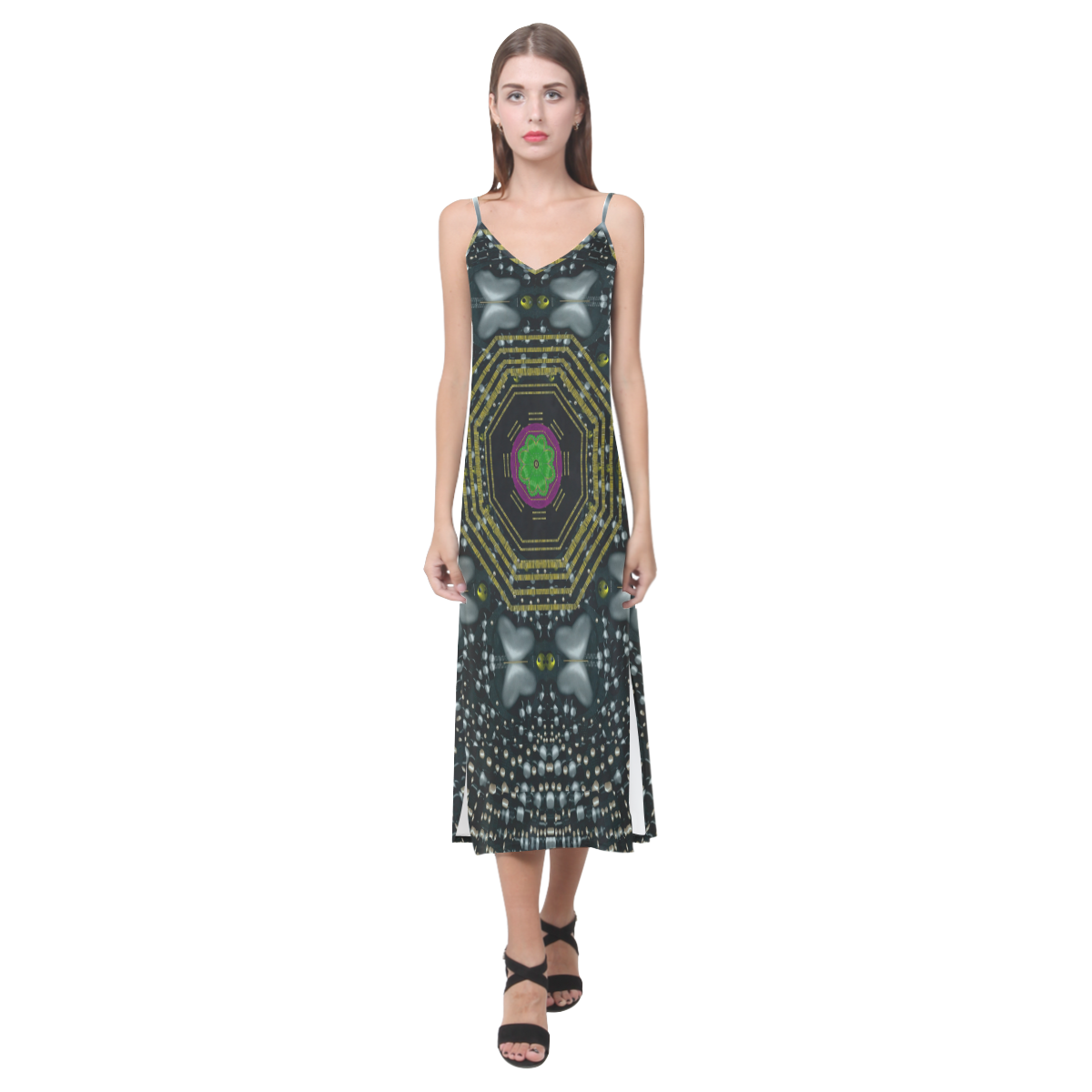 Leaf earth and heart butterflies in the universe V-Neck Open Fork Long Dress(Model D18)