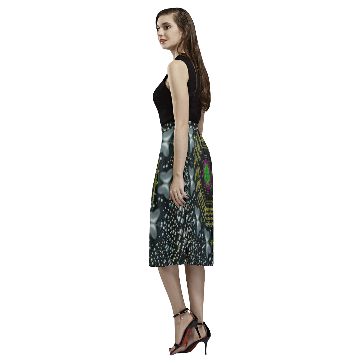 Leaf earth and heart butterflies in the universe Aoede Crepe Skirt (Model D16)