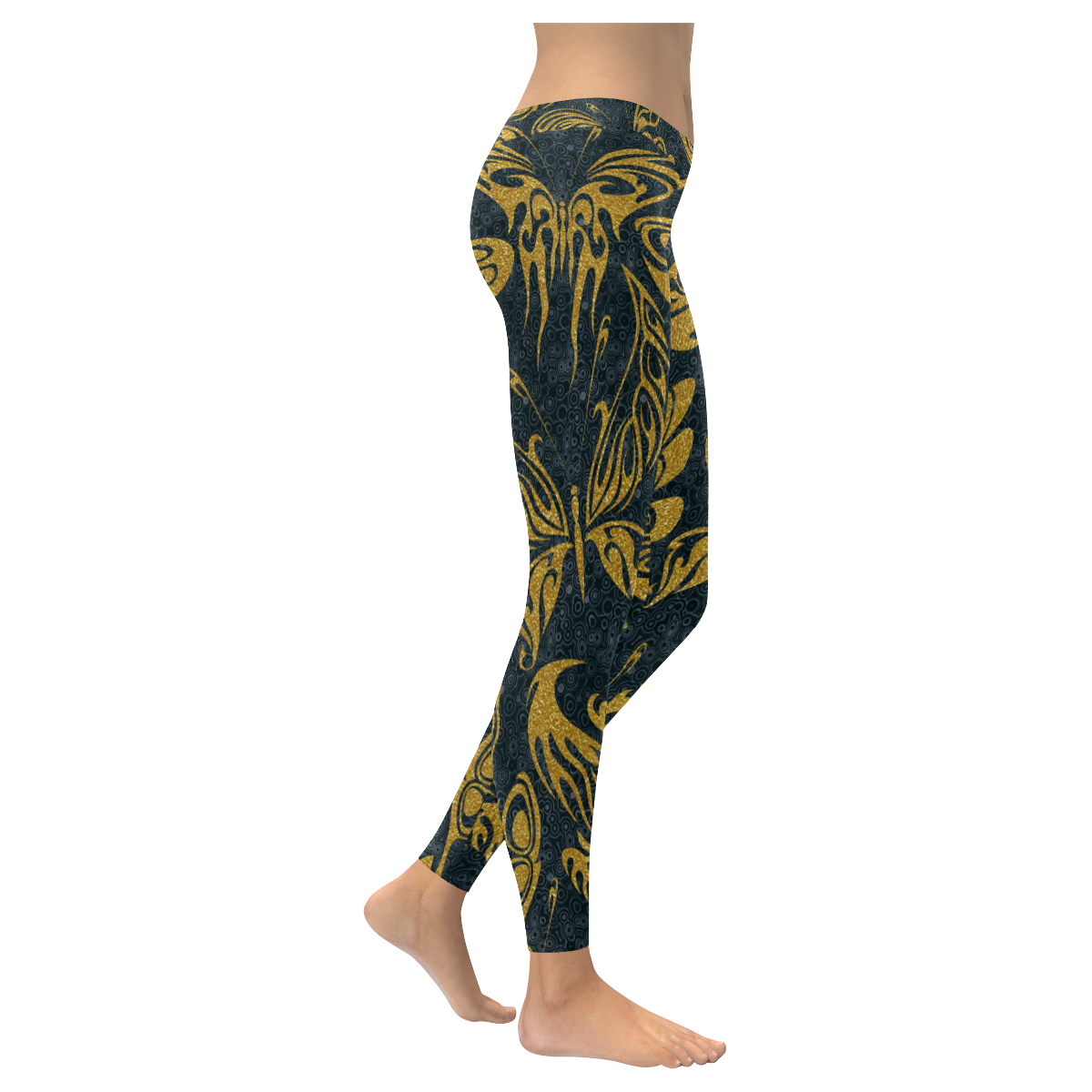 Gold Glitter Tribal Tattoo Butterflies Pattern Women's Low Rise Leggings (Invisible Stitch) (Model L05)