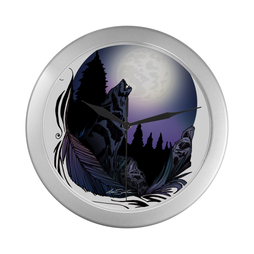 Howling Wolf Silver Color Wall Clock