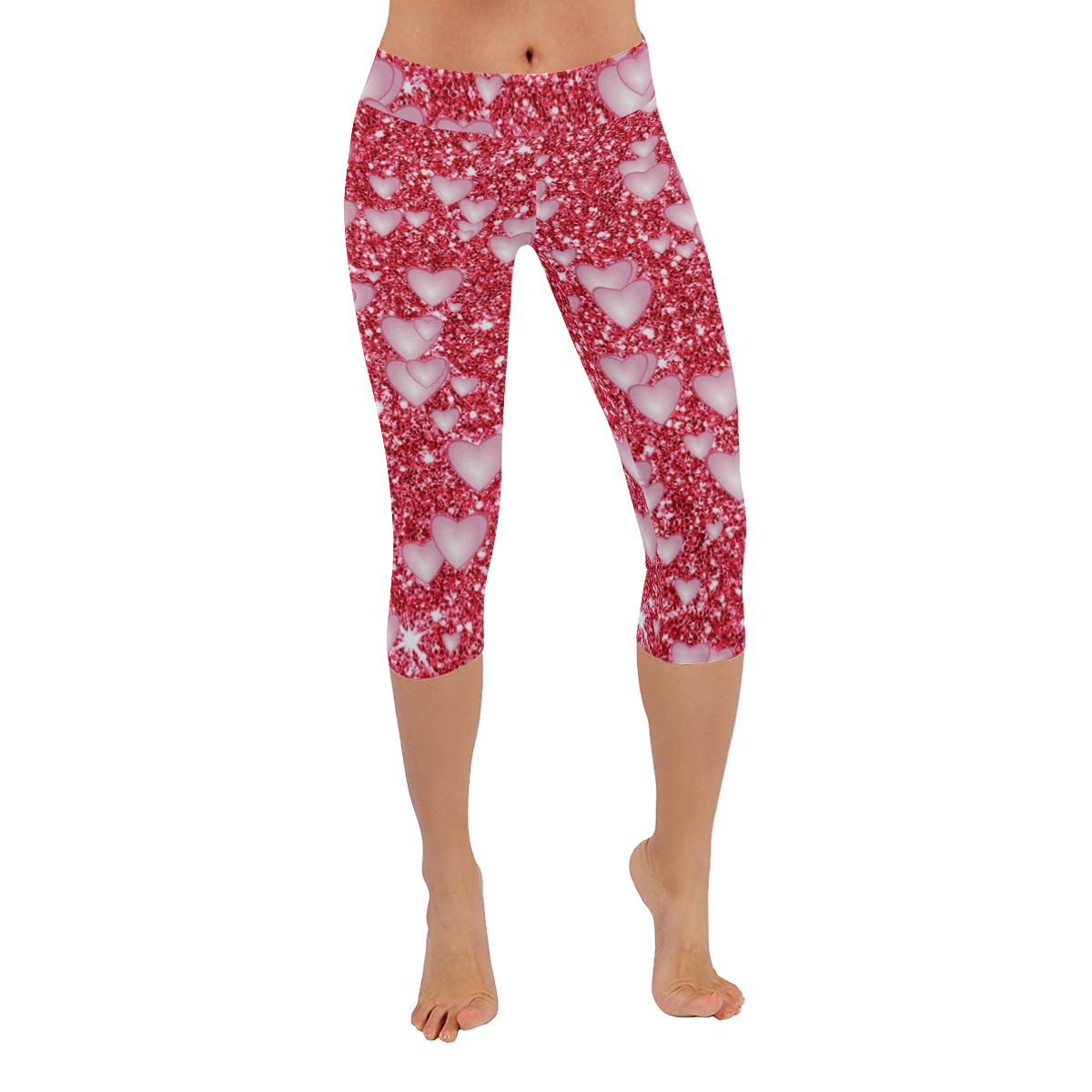 Hearts on Sparkling glitter print, red Women's Low Rise Capri Leggings (Invisible Stitch) (Model L08)