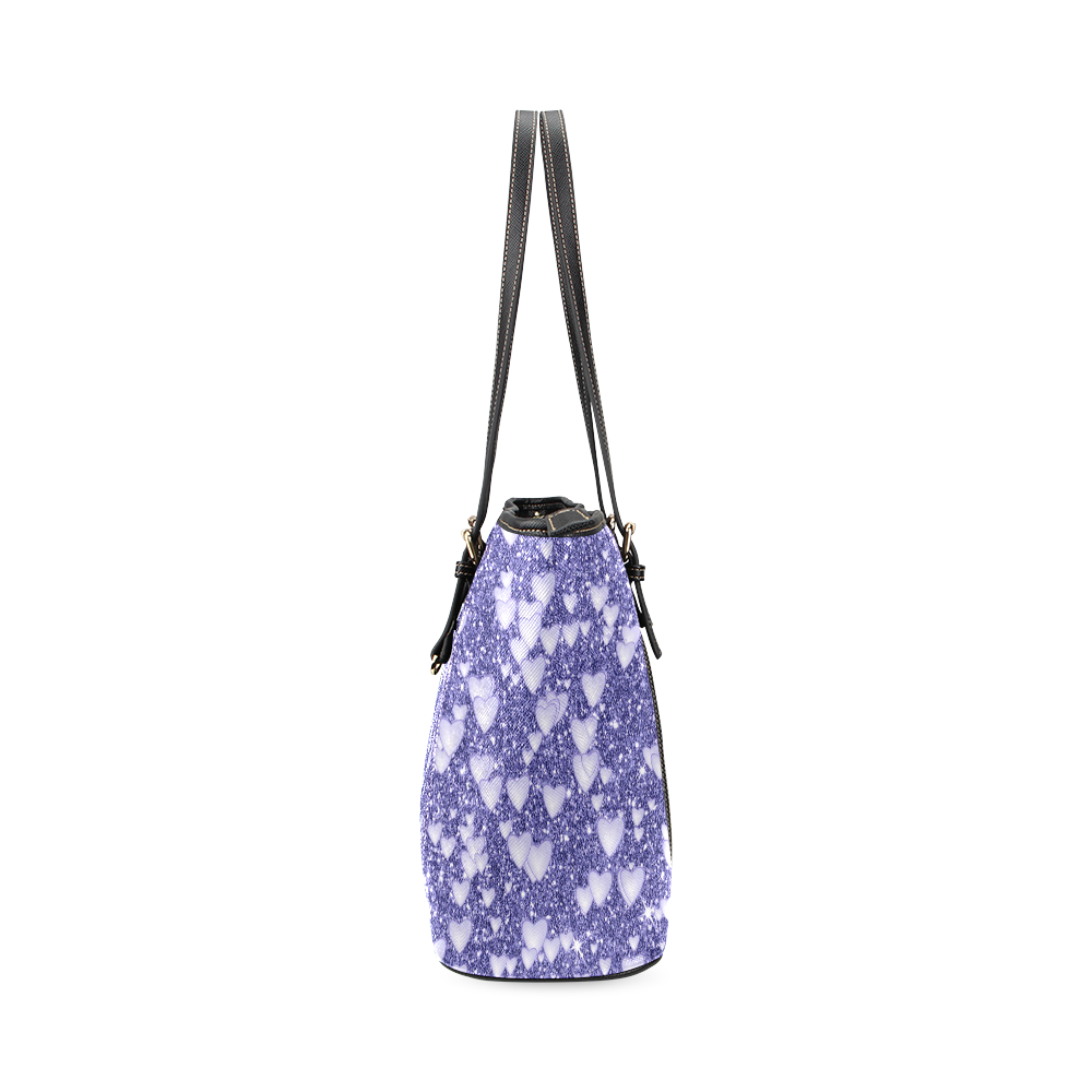 Hearts on Sparkling glitter print, blue Leather Tote Bag/Large (Model 1640)